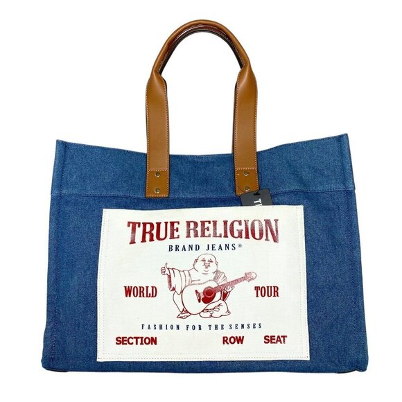 True Religion World Tour Navy Blue Denim Large Tote Bag NWT - Picture 5 of 10